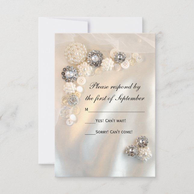 Faux White Pearls and Diamond Buttons Wedding RSVP Card (Front)