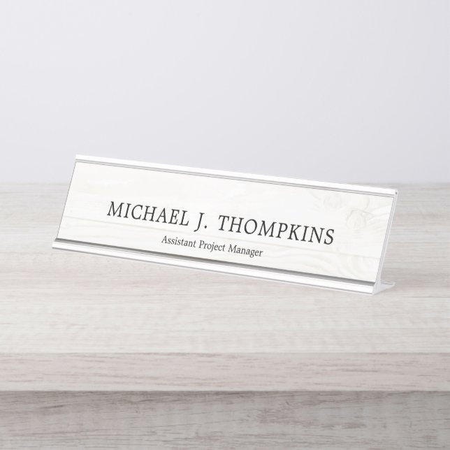 Faux White Wood Grain Lumber Construction Desk Name Plate (Front)