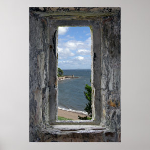 Faux Window - Castle Looking out on Beach View Poster