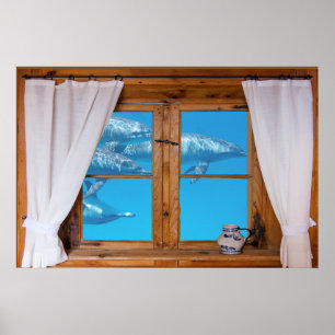 Faux Window View Underwater Dolphins Ocean Fun Poster