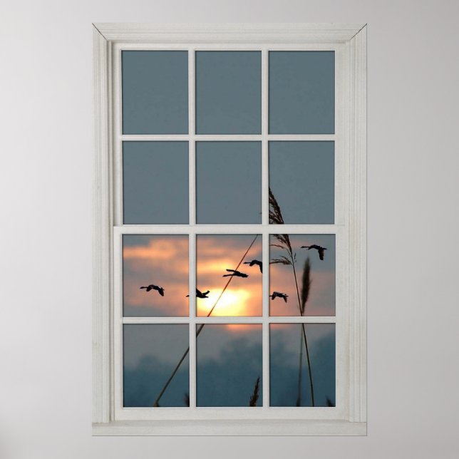 Faux Window White Wood Window Frame Flock of Birds Poster (Front)