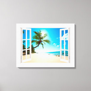 Faux Window with Beach and Ocean Custom Sizes! Canvas Print
