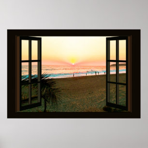 Faux Window with Beach Sunset Ocean Poster