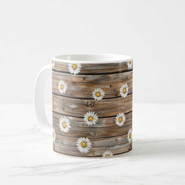 Faux Wood Daisy Flower Coffee Mug (Front Left)