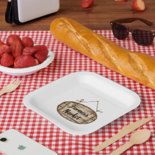Faux Wood Farmers Market Sign Paper Plate