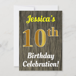 Faux Wood, Faux Gold 10th Birthday Celebration Invitation