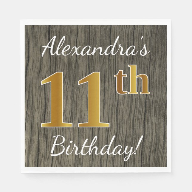 Faux Wood, Faux Gold 11th Birthday + Custom Name Napkin (Front)