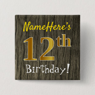 Faux Wood, Faux Gold 12th Birthday + Custom Name 15 Cm Square Badge
