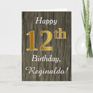 Faux Wood, Faux Gold 12th Birthday + Custom Name Card