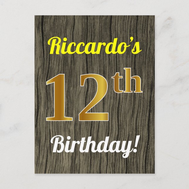 Faux Wood, Faux Gold 12th Birthday & Custom Name Postcard (Front)