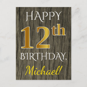 Faux Wood, Faux Gold 12th Birthday + Custom Name Postcard