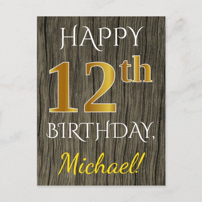 Faux Wood, Faux Gold 12th Birthday + Custom Name Postcard (Front)
