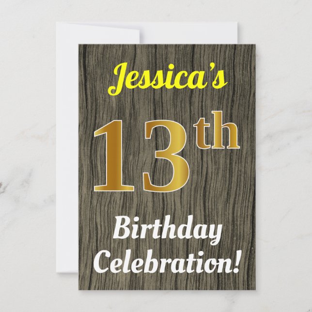 Faux Wood, Faux Gold 13th Birthday Celebration Invitation (Front)