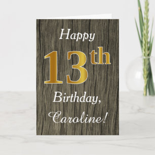 Faux Wood, Faux Gold 13th Birthday + Custom Name Card