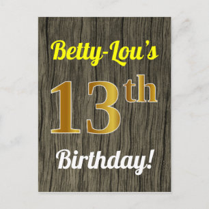 Faux Wood, Faux Gold 13th Birthday & Custom Name Postcard