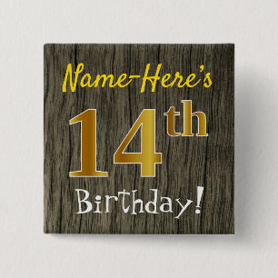 Faux Wood, Faux Gold 14th Birthday + Custom Name 15 Cm Square Badge
