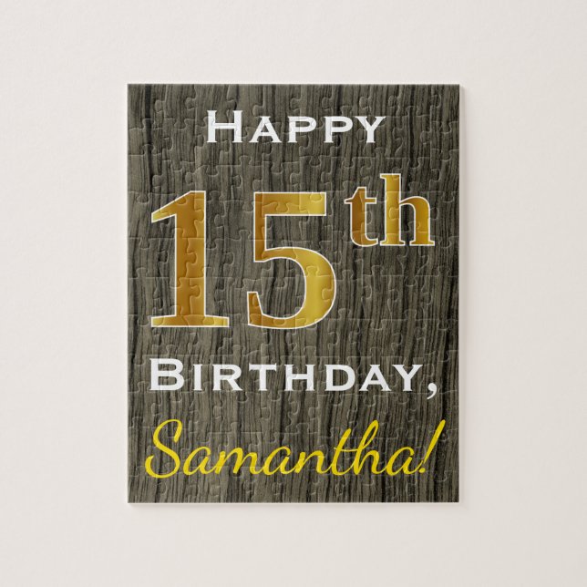 Faux Wood, Faux Gold 15th Birthday + Custom Name Jigsaw Puzzle (Vertical)