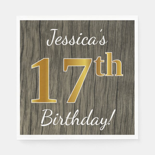 Faux Wood, Faux Gold 17th Birthday + Custom Name Napkin (Front)