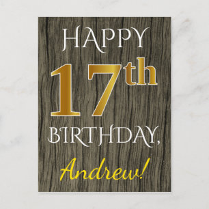 Faux Wood, Faux Gold 17th Birthday + Custom Name Postcard