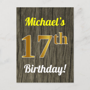 Faux Wood, Faux Gold 17th Birthday & Custom Name Postcard