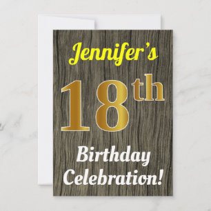 Faux Wood, Faux Gold 18th Birthday Celebration Invitation