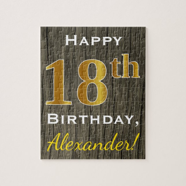Faux Wood, Faux Gold 18th Birthday + Custom Name Jigsaw Puzzle (Vertical)