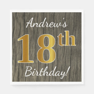 Faux Wood, Faux Gold 18th Birthday + Custom Name Napkin
