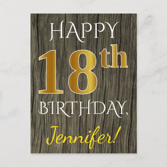 Faux Wood, Faux Gold 18th Birthday + Custom Name Postcard (Front)