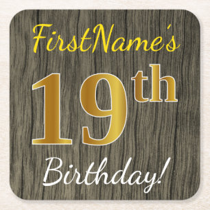 Faux Wood, Faux Gold 19th Birthday + Custom Name Square Paper Coaster