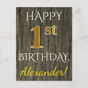 Faux Wood, Faux Gold 1st Birthday + Custom Name Postcard