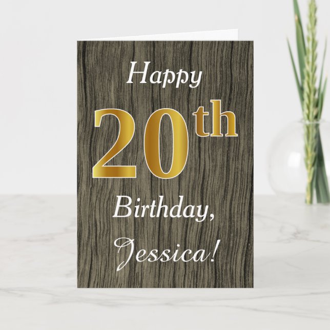 Faux Wood, Faux Gold 20th Birthday + Custom Name Card (Front)