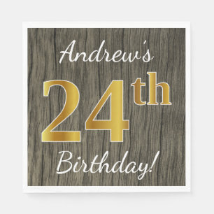 Faux Wood, Faux Gold 24th Birthday + Custom Name Napkin