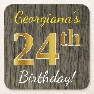 Faux Wood, Faux Gold 24th Birthday + Custom Name Square Paper Coaster