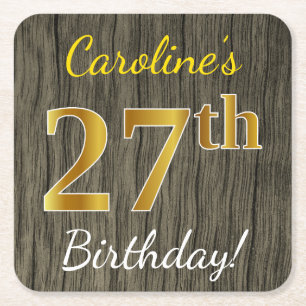 Faux Wood, Faux Gold 27th Birthday + Custom Name Square Paper Coaster