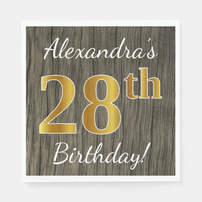 Faux Wood, Faux Gold 28th Birthday + Custom Name Napkin (Front)