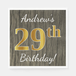 Faux Wood, Faux Gold 29th Birthday + Custom Name Napkin
