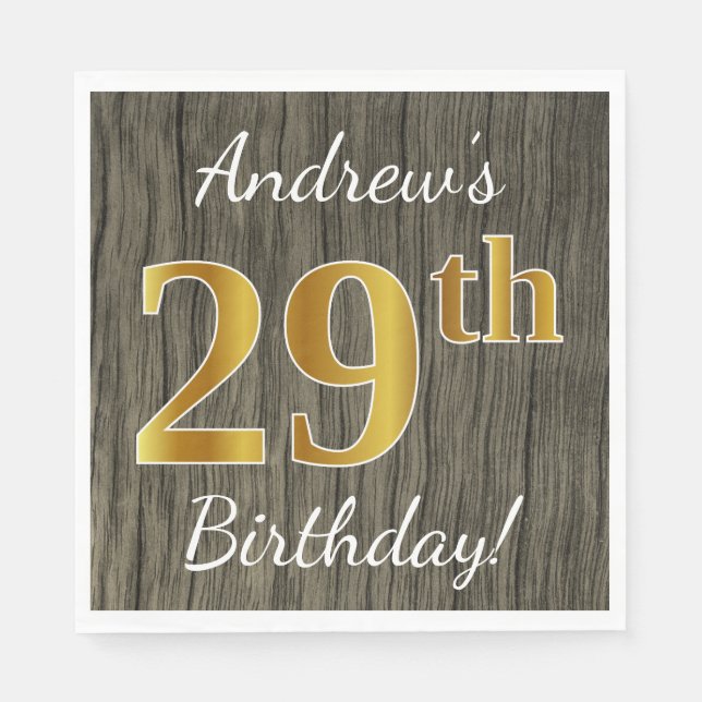Faux Wood, Faux Gold 29th Birthday + Custom Name Napkin (Front)