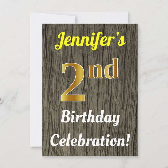 Faux Wood, Faux Gold 2nd Birthday Celebration Invitation (Front)