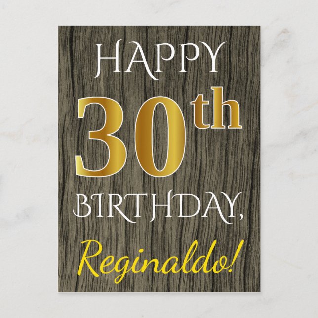 Faux Wood, Faux Gold 30th Birthday + Custom Name Postcard (Front)