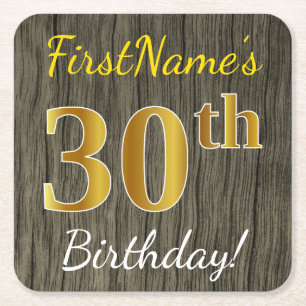 Faux Wood, Faux Gold 30th Birthday + Custom Name Square Paper Coaster