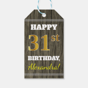 Faux Wood, Faux Gold 31st Birthday + Custom Name Gift Tags