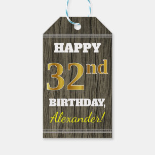 Faux Wood, Faux Gold 32nd Birthday + Custom Name Gift Tags
