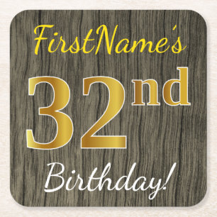 Faux Wood, Faux Gold 32nd Birthday + Custom Name Square Paper Coaster