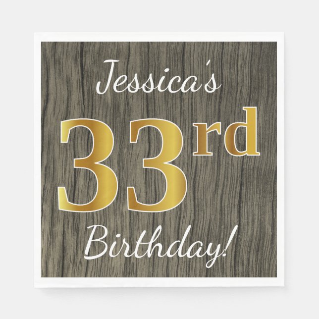 Faux Wood, Faux Gold 33rd Birthday + Custom Name Napkin (Front)