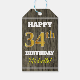 Faux Wood, Faux Gold 34th Birthday + Custom Name Gift Tags