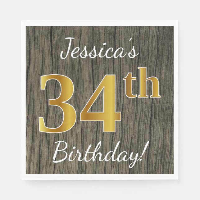Faux Wood, Faux Gold 34th Birthday + Custom Name Napkin (Front)