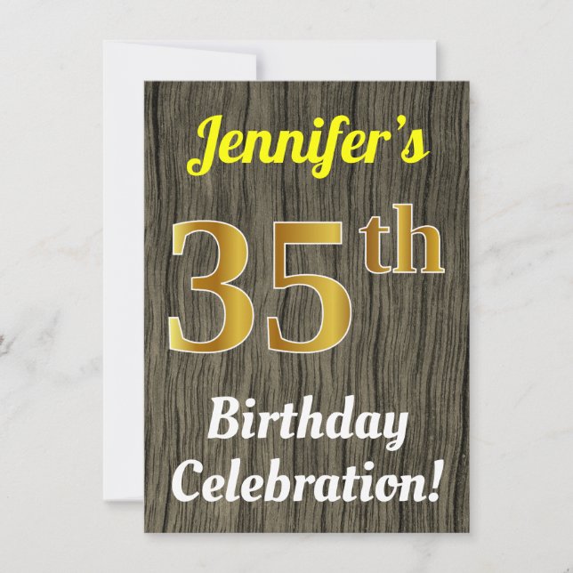 Faux Wood, Faux Gold 35th Birthday Celebration Invitation (Front)