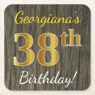 Faux Wood, Faux Gold 38th Birthday + Custom Name Square Paper Coaster