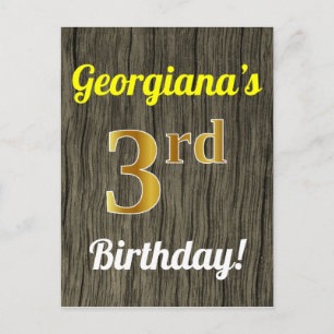 Faux Wood, Faux Gold 3rd Birthday & Custom Name Postcard
