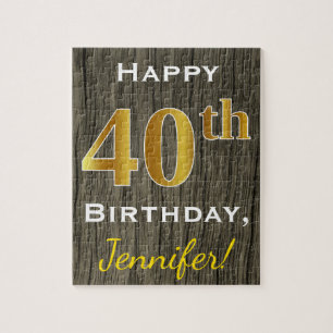Faux Wood, Faux Gold 40th Birthday + Custom Name Jigsaw Puzzle